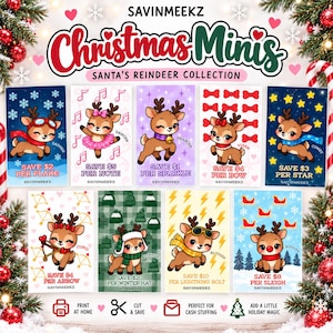 Könnte beinhalten: Eine Sammlung von neun rechteckigen Karten mit weihnachtlichen Cartoon-Rentierfiguren. Jede Karte zeigt ein einzigartiges Rentier, ein spezifisches festliches Muster und Text, der die Ersparnisse pro Artikel angibt, wie pro Flocke oder Schlitten.
