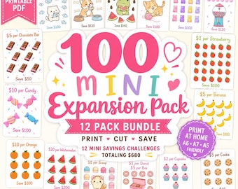 100 Mini Challenge Expansion Pack Vol 1 Printable Savings Challenge Bundle, Tiny Treats Cozy Critters Fruit Basket, Cash Stuffing PDF