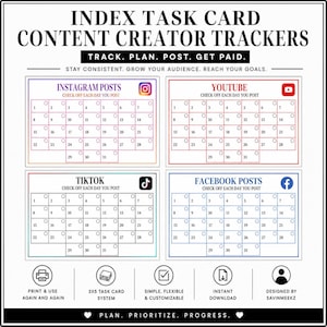 May include: Index task card content creator trackers with the text: TRACK. PLAN. POST. GET PAID. Includes four monthly calendars for Instagram, YouTube, TikTok, and Facebook posts, each with numbered days and checkboxes to track daily posting activity.