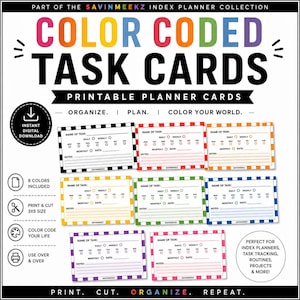 以下が含まれることがあります： Savinmeekz Index Plannerコレクションの印刷可能なタスクカード8枚セット。各カードは3x5インチのレイアウトで、様々な色のチェック柄の縁取りがあり、日次、週次、月次の追跡セクションとメモ用の罫線が含まれています。
