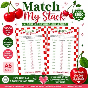 May include: A digital savings challenge tracker featuring two white sheets with red checkered borders and cherry illustrations. The text reads Match My Stack, A Couples Savings Challenge, and lists dollar amounts from $20 to $85 with cherry icons.