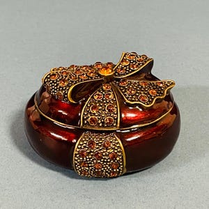 Vintage Oval Jeweled Bow Ruby Enameled Trinket Box