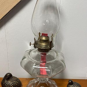 May include: A clear glass oil lamp with a brass burner and a red wick. The lamp has a faceted base and is sitting on a wooden surface with two small bronze bird figurines.