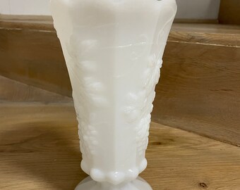 Midcentury Large Vase Milk Glass Paneled Grapevine