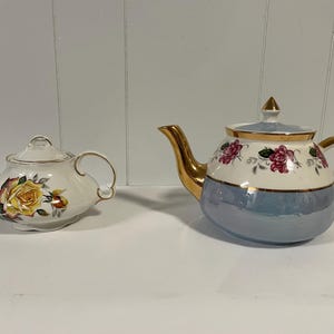 Midcentury Floral Collectible Teapots England Yellow Rose and Blue Lustreware Rose