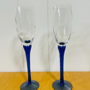 Vintage Pair of Crystal Optic Champagne Flutes Cobalt Twisted Stem and Base Hand Blown