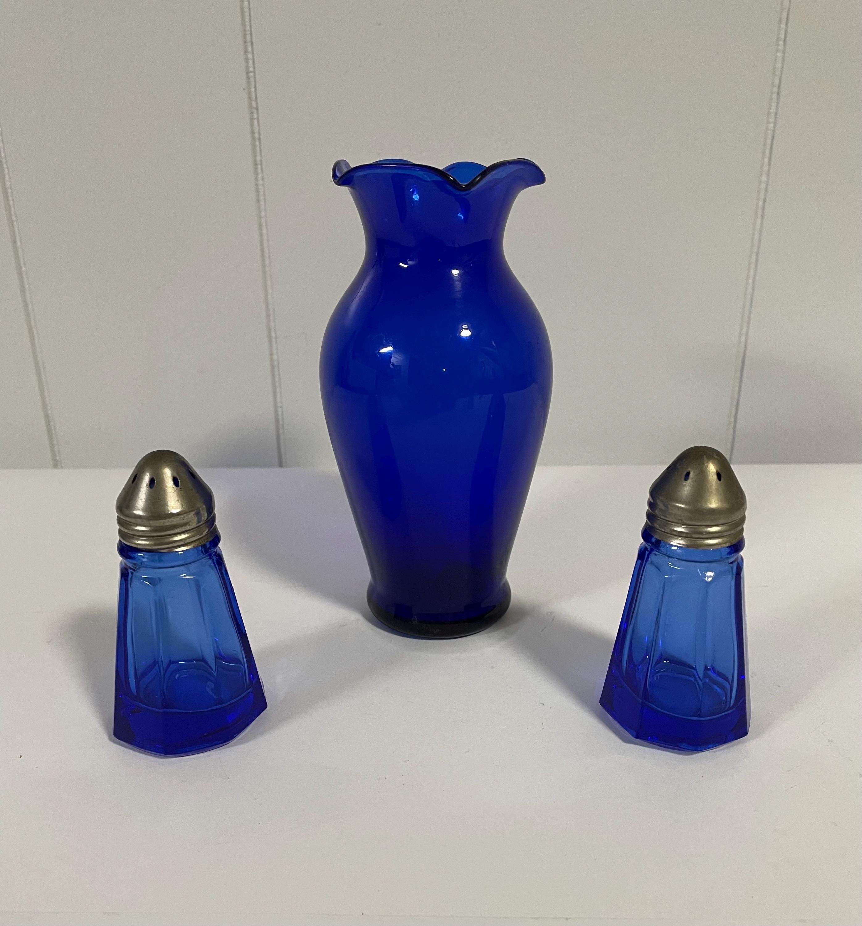 Vintage Depression Glass Cobalt Shaker Set and Small Cobalt Vase Hazel Atlas
