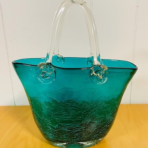 Murano Style Art Glass Emerald Green Crackle Glass Purse Shape Decor/Vase