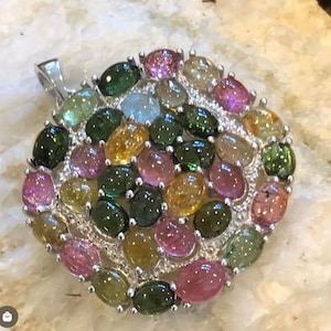 Natural Green Tourmaline Pink tourmaline 925 Solid Sterling Silver Pendant 35mm