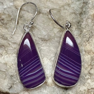 Natural Purple Lace Agate 925 Solid Sterling Silver Earrings 40mm