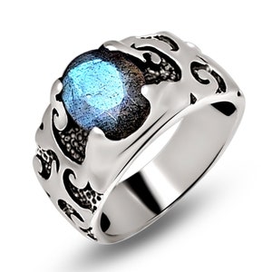 Natural Blue Labradorite 925 Solid Sterling Silver Unisex Ring Size 6.75, 7, 8