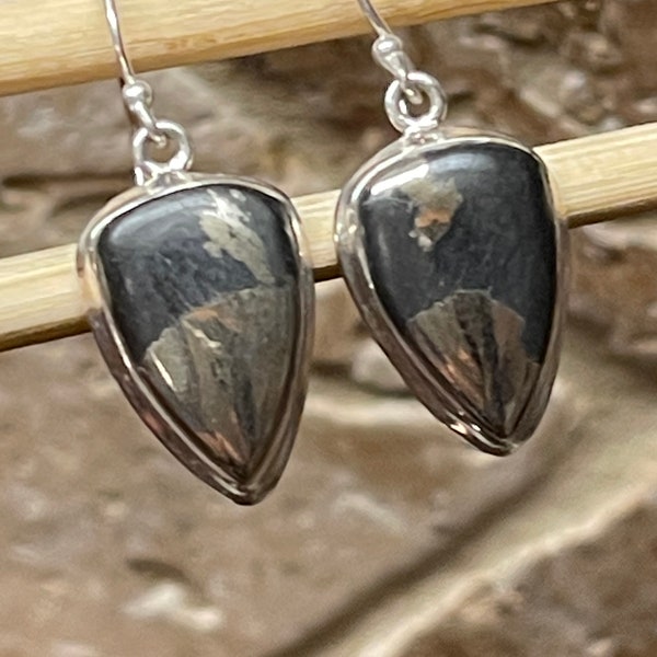 Natural Pyrite in Magnetite 925 Solid Sterling Silver Earrings 30mm