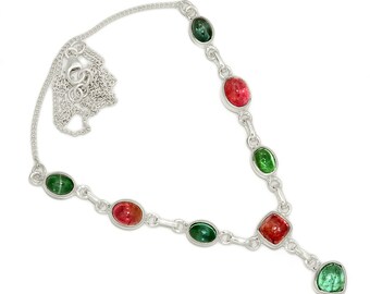 Genuine Green, Pink Tourmaline 925 Solid Sterling Silver Necklace 18"