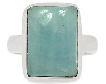 Natural Cabochon Aquamarine 925 Solid Sterling Silver Unisex Ring Size 8