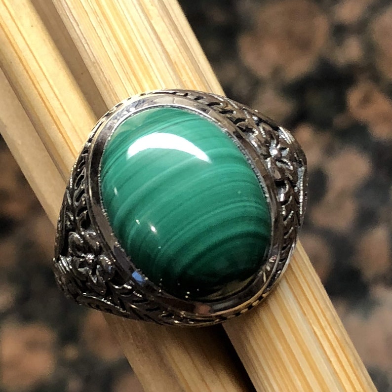 Natural Green Malachite 925 Solid Sterling Silver Men's Ring Size 8, 9, 10, 11, 12 image 2