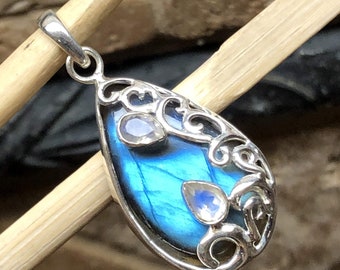 Natural Blue Labradorite, Moonstone 925 Sterling Silver Pendant 35mm
