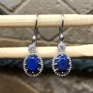 Genuine Blue Lapis Lazuli 925 Solid Sterling Silver Earrings 30mm
