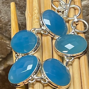 Natural Blue Chalcedony 925 Solid Sterling Silver Bracelets 7&quot;