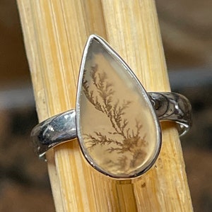 Natuurlijke zeldzame schilderachtige dendritische agaat 925 Solid Sterling zilveren ring maat 6,75