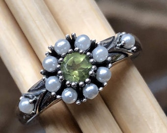 Natural Peridot, Freshwater Cultured Pearl 925 Sterling Silver Engagement Ring Size 5, 6, 7, 8, 9