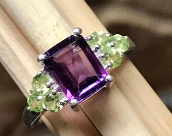 Natural 4ct Purple Amethyst, Peridot 925 Solid Sterling Silver Ring Size 6, 7, 8, 9