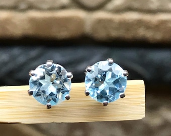 Genuine 2ct Blue Topaz 925 Solid Sterling Silver Stud Earrings 7mm