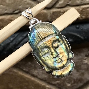 Natural Labradorite 925 Sterling Silver Head of the Guan yin/Meditate Budda Pendant 42mm