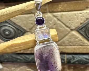 Natural Amethyst, Auralite 23 Crystal 925 Solid Sterling Silver Pendant 35mm