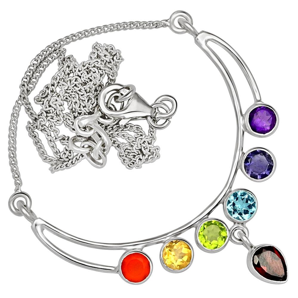Collana Chakra In Argento 925 Con Cristalli Curativi E Ciondolo Croce - 7 Pietre Colorate Per Yoga E Meditazione
