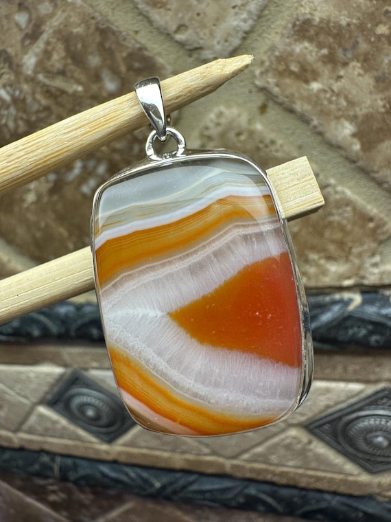 Natural Lake Superior Agate 925 Solid Sterling Silver Pendant 45mm