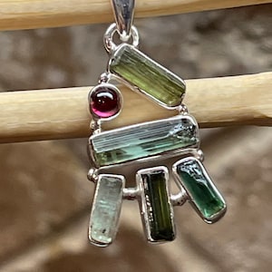Genuine Pink Tourmaline, Green Tourmaline 925 Solid Sterling Silver Pendant 30mm