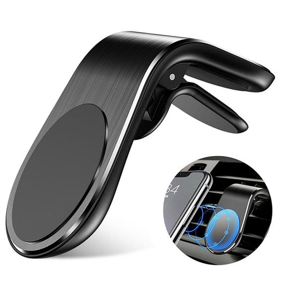 L-Shaped Magnetic Car Phone Mount – Aluminum Vent Clip, 360 Rotation, Hands-Free Holder