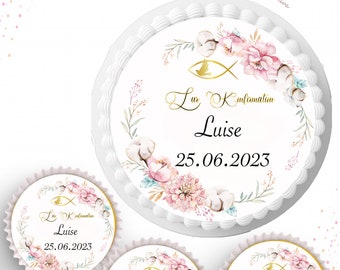 Zur Taufe /Kommunion/ Konfirmation, personalisierbarer Torten/Kuchenaufleger aus Oblaten oder Fondantpapier