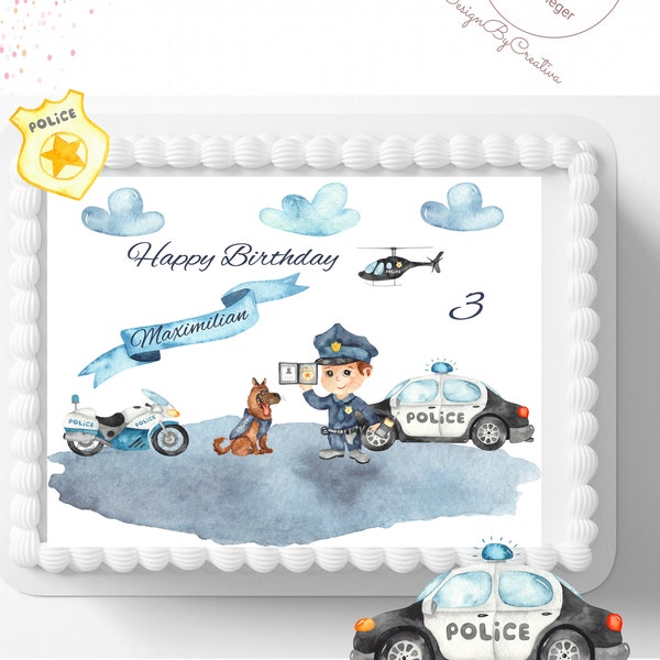 Per un compleanno, bellissimo cake/cake topper personalizzabile A 4 o A 5, polizia in cialde o carta fondente