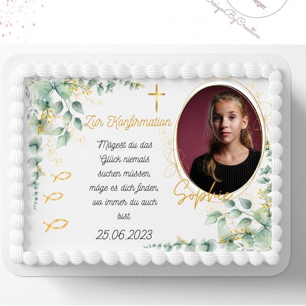 Zur Konfirmation, Kommunion oderTaufe schöner personalisierbarer Torten/Kuchenaufleger A 4 oder A 5, mit Foto aus Oblaten oder Fondantpapier