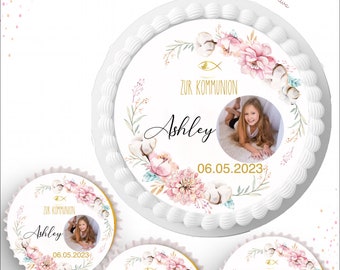 Zur Taufe /Kommunion/ Konfirmation mit Foto, personalisierbarer Torten/Kuchenaufleger aus Oblaten oder Fondantpapier