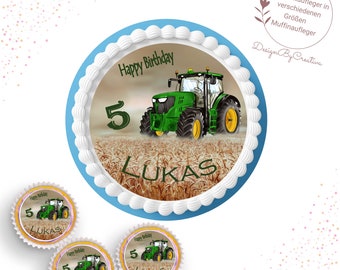 Traktor, personalisierbarer Torten/Kuchenaufleger aus Oblaten oder Fondantpapier