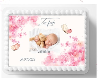 For baptism, beautiful personalizable cake topper A 4 or A 5, with photo made of wafer or fondant paper, topper made of wood