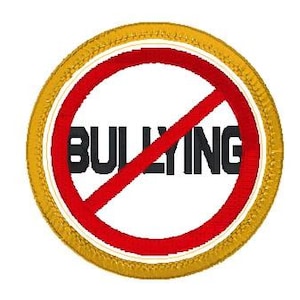 May include: A red circle with a diagonal line through it and the word "BULLYING" in black text. The circle has a gold border.