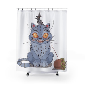 May include: A shower curtain featuring a cartoon cat with blue fur, orange eyes, and a bird wearing a witch hat on its head. The cat has a menacing expression. A brown object with green foliage is on the right side of the curtain.