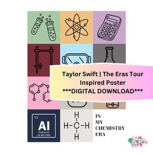 May include: A digital download poster inspired by Taylor Swift's The Eras Tour. The poster features a grid of nine squares with various science-themed illustrations, including test tubes, a periodic table element, a molecule, and a calculator. The text "Taylor Swift | The Eras Tour Inspired Poster ***DIGITAL DOWNLOAD***" is displayed in a pink banner.