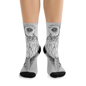 Snowy Owl Recycled Poly Socks with original art by Blu Carlile-Roy