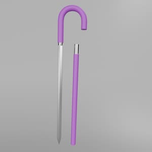 Puede incluir: Un bastón morado con un mango curvo y una hoja plateada. El bastón se muestra en dos piezas, con el mango y la hoja separados del eje inferior. El mango y el eje inferior son morados.