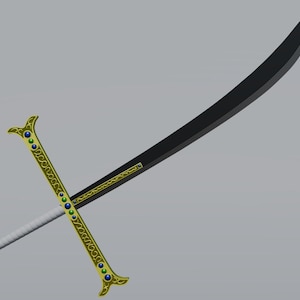 May include: A black sword with a curved blade and a gold hilt. The hilt has a cross-shaped design with intricate patterns and blue and green accents. The handle is white with a gold and blue pommel.