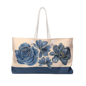 Handmade Navy Blue Floral Tote Bag: Yellow Gold Accents, Rope Handles