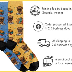 Infographic detailing production and shipping. States the socks are printed in Atlanta, Georgia, USA. Order processing is 2-5 business days, US shipping takes 2-5 business days, and international shipping takes 1-4 weeks.