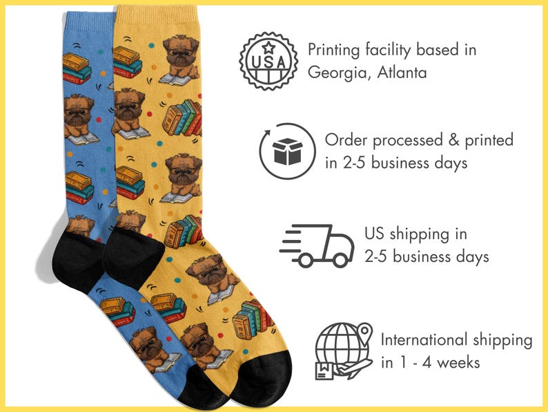Infographic detailing production and shipping. States the socks are printed in Atlanta, Georgia, USA. Order processing is 2-5 business days, US shipping takes 2-5 business days, and international shipping takes 1-4 weeks.