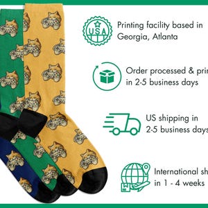 Shipping information for Novelty Gaming Cat Themed Socks. Socks are made in USA. An order from the US is processed and printed in 2 to 5 business days, and shipped within another 2-5 business days. International orders take between 1 to 4 weeks.