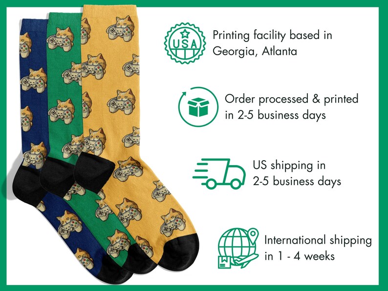 Shipping information for Novelty Gaming Cat Themed Socks. Socks are made in USA. An order from the US is processed and printed in 2 to 5 business days, and shipped within another 2-5 business days. International orders take between 1 to 4 weeks.