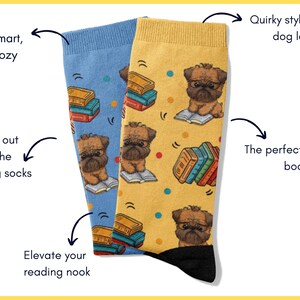 Infographic using the blue and yellow Griffon socks to highlight benefits. Arrows point to text describing them as quirky style for dog lovers, the perfect gift for book lovers, cozy comfort, and a way to stand out from boring socks.